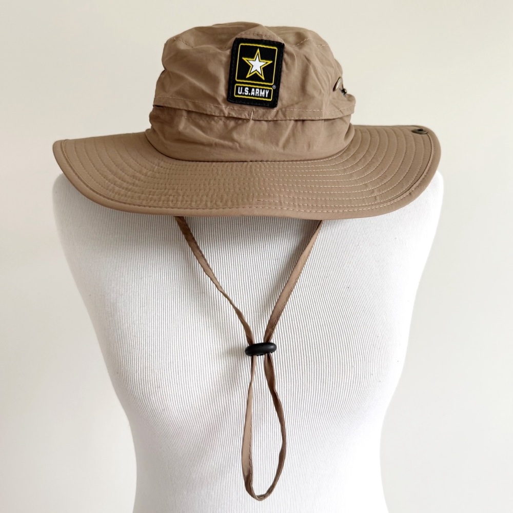 US Army Boonie Bucket Hat Mens Womens Brown Khaki Adjustable Removable Chin Cord